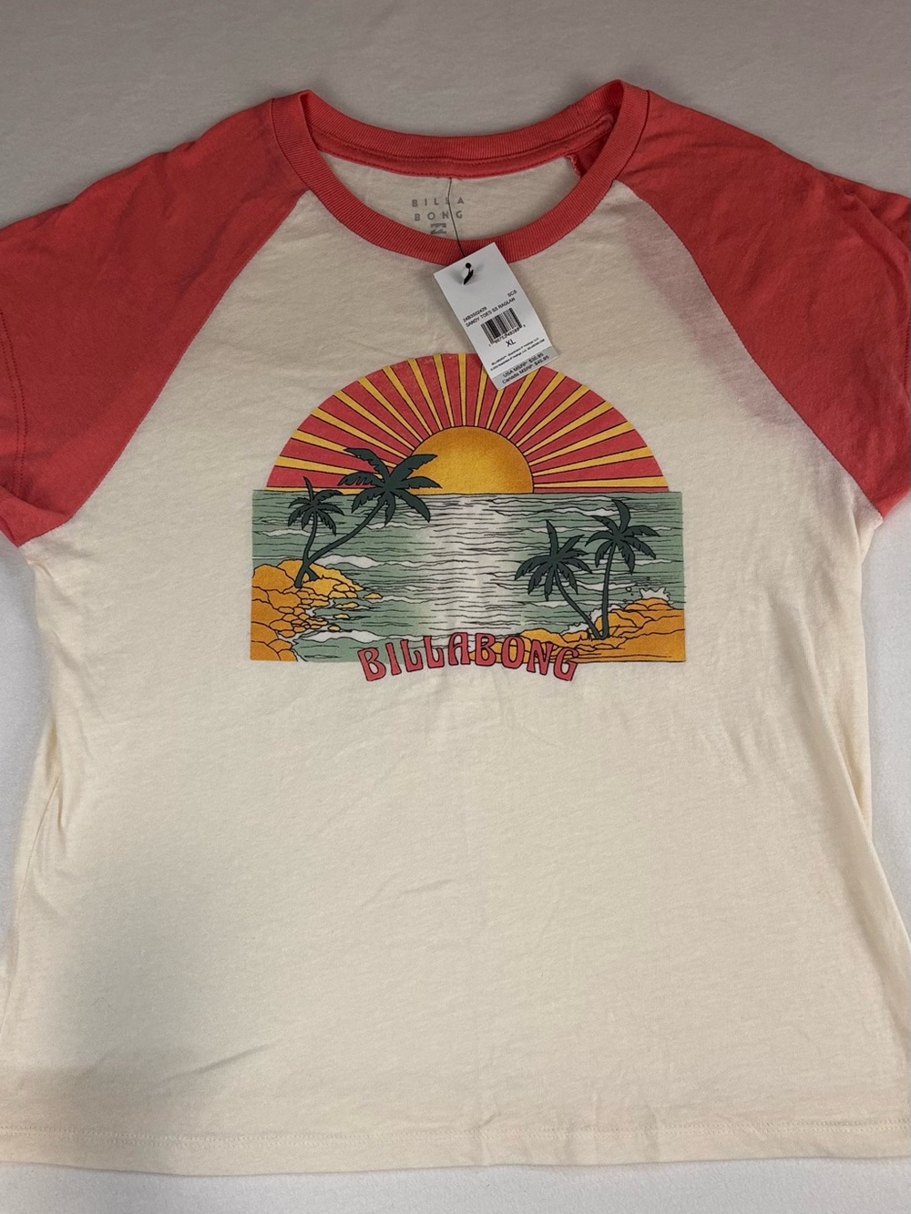 Billabong Cream Tee with Coral Raglan Sleeves and Vintage Sunset Graphic